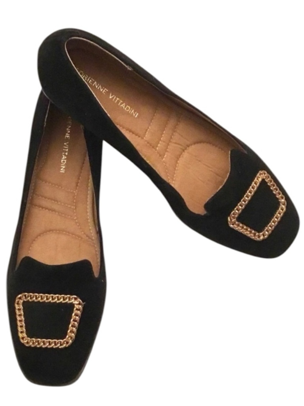 🆕 Adrienne Vittadini Black Flats Size 10 Suede Chain Accent Slip on Shoes NIB